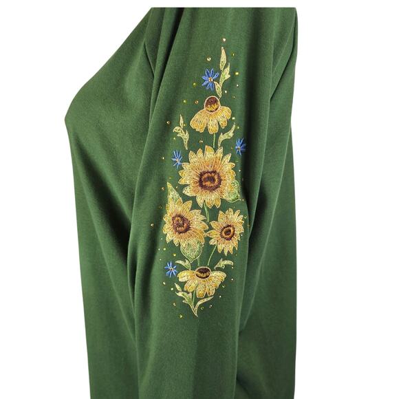 Quacker Factory Green Sun Flower Embroidered Bling Design Long Sleeve Top L - Picture 2 of 6